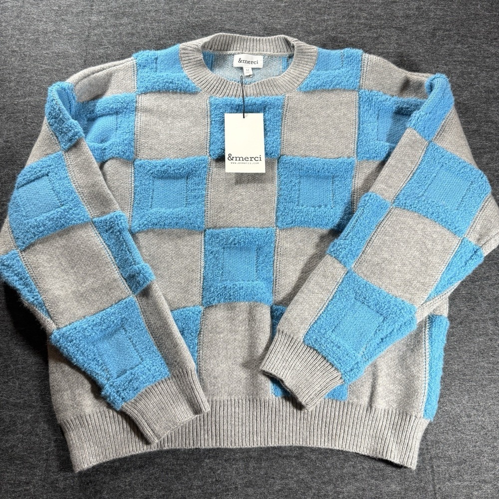 &Merci Sweater Women Medium Blue Gray Checkered Pullover NWT